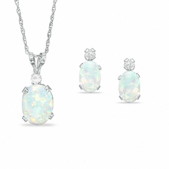 Oval Simulated Opal Pendant and Earrings Set in Sterling Silver with CZ