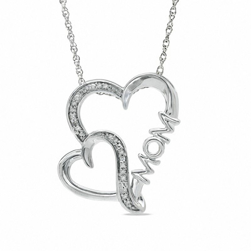 Diamond Accent Mom Double Heart Pendant in Sterling Silver