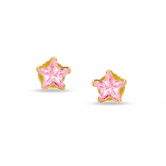 Child's 3mm Star-Shaped Pink Cubic Zirconia Stud Earrings in 14K Gold