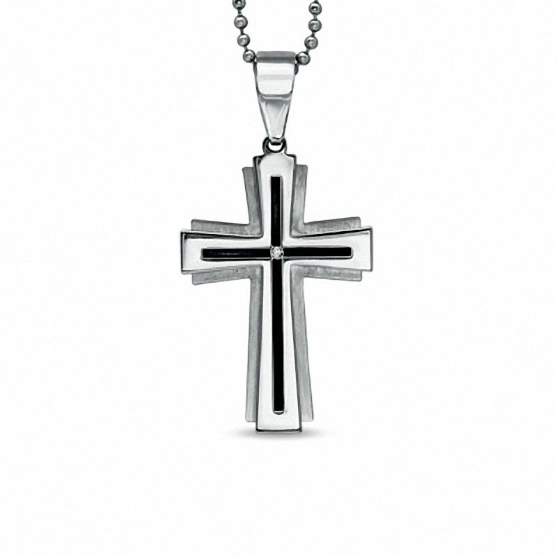 Main Image 1 of Diamond Accent Layered Cross Pendant in Stainless Steel - 24&quot;