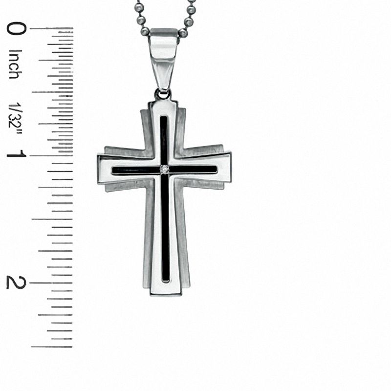 Main Image 2 of Diamond Accent Layered Cross Pendant in Stainless Steel - 24&quot;