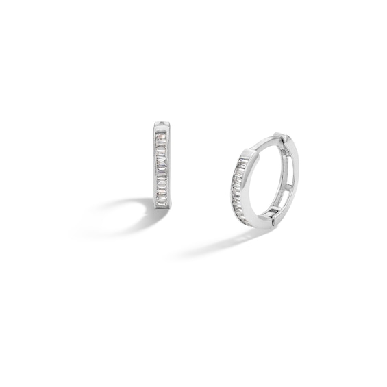 Baguette Cubic Zirconia Huggie Earrings in Sterling Silver