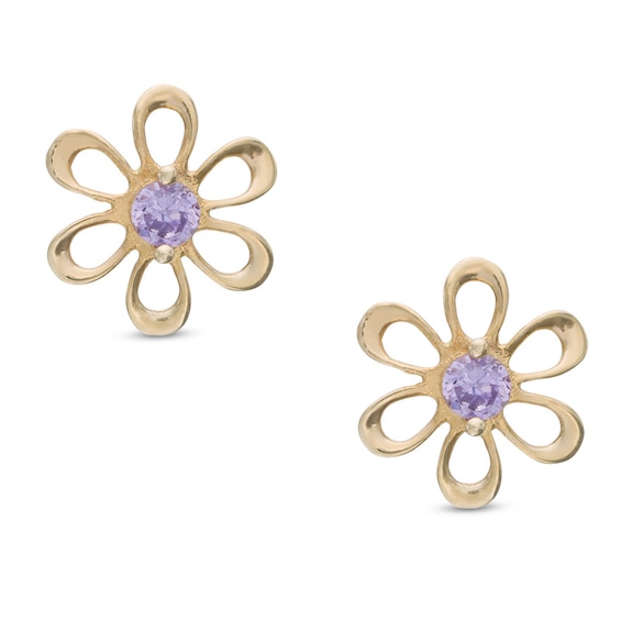 Purple Cubic Zirconia Flower Earrings in 10K Gold