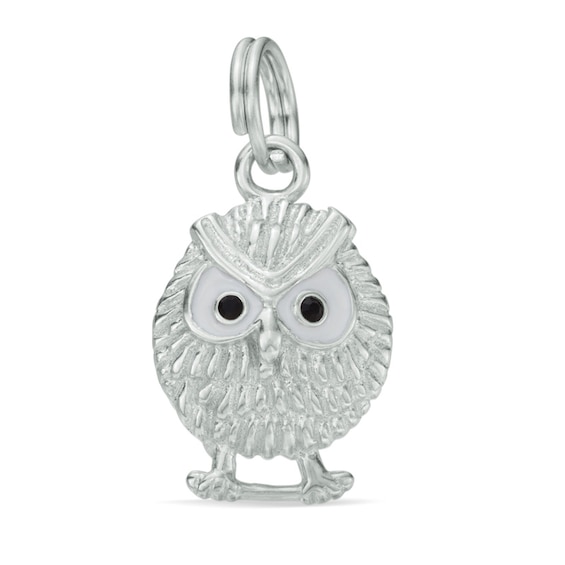 Black Crystal and White Enamel Owl Dangle Charm in Sterling Silver