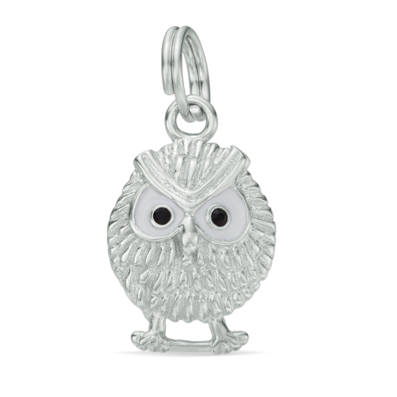 Main Image 1 of Black Crystal and White Enamel Owl Dangle Charm in Sterling Silver