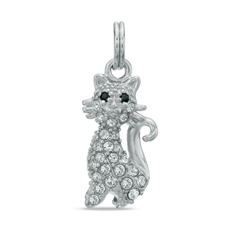 Main Image 1 of Black and White Crystal Cat Charm in Sterling Silver