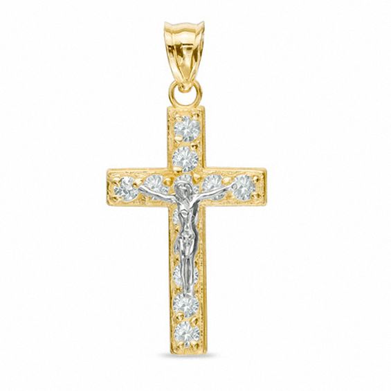 Cubic Zirconia Crucifix Necklace Charm in 10K Two-Tone Gold