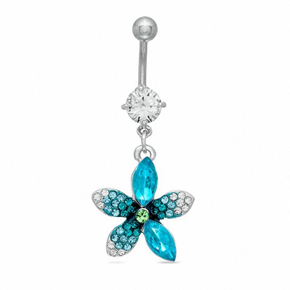 014 Gauge Hibiscus Belly Button Ring with Cubic Zirconia and Multi-Colored Crystals in Stainless Steel