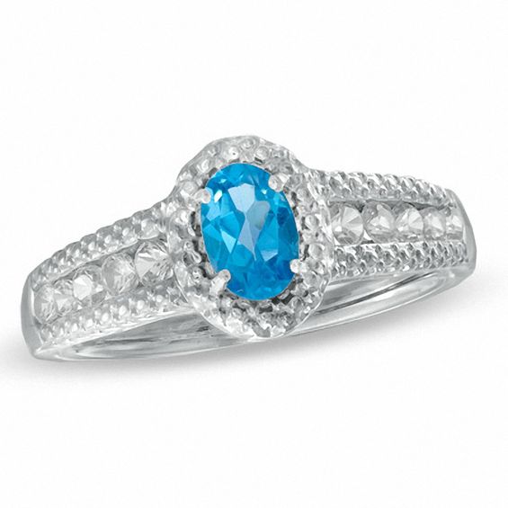 Oval Swiss Blue Topaz and Lab-Created White Sapphire Ring in Sterling Silver - Size 7