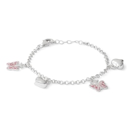 Child's Pink Crystal Butterfly and Heart Charm Bracelet in Sterling Silver - 5.5&quot;