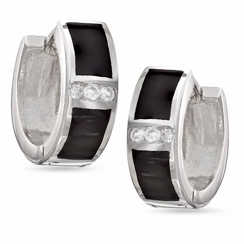 Main Image 1 of Sterling Silver with Black Enamel Bar Huggie Hoop Earrings