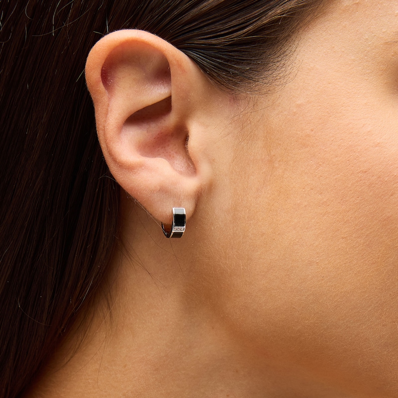 Main Image 2 of Sterling Silver with Black Enamel Bar Huggie Hoop Earrings