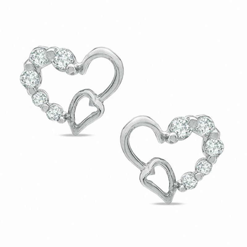 Cubic Zirconia Double Heart Stud Earrings in Sterling Silver