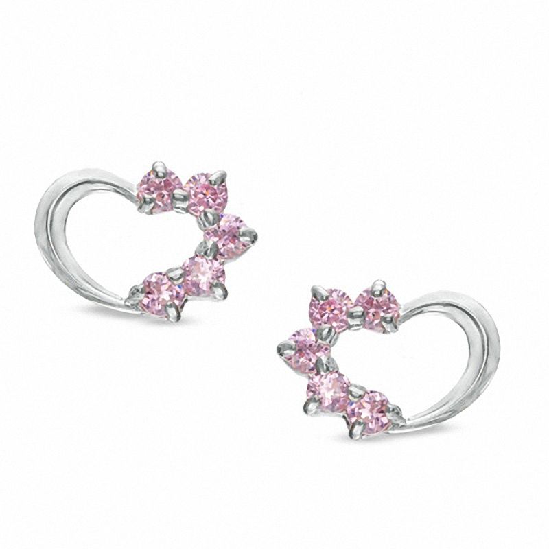 Main Image 1 of Child's Pink Cubic Zirconia Heart Earrings in 10K White Gold