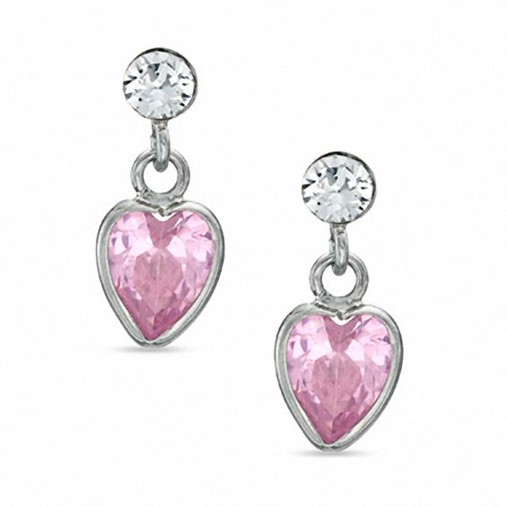 Child's Heart-Shaped Pink Cubic Zirconia and Crystal Dangle Earrings in Sterling Silver