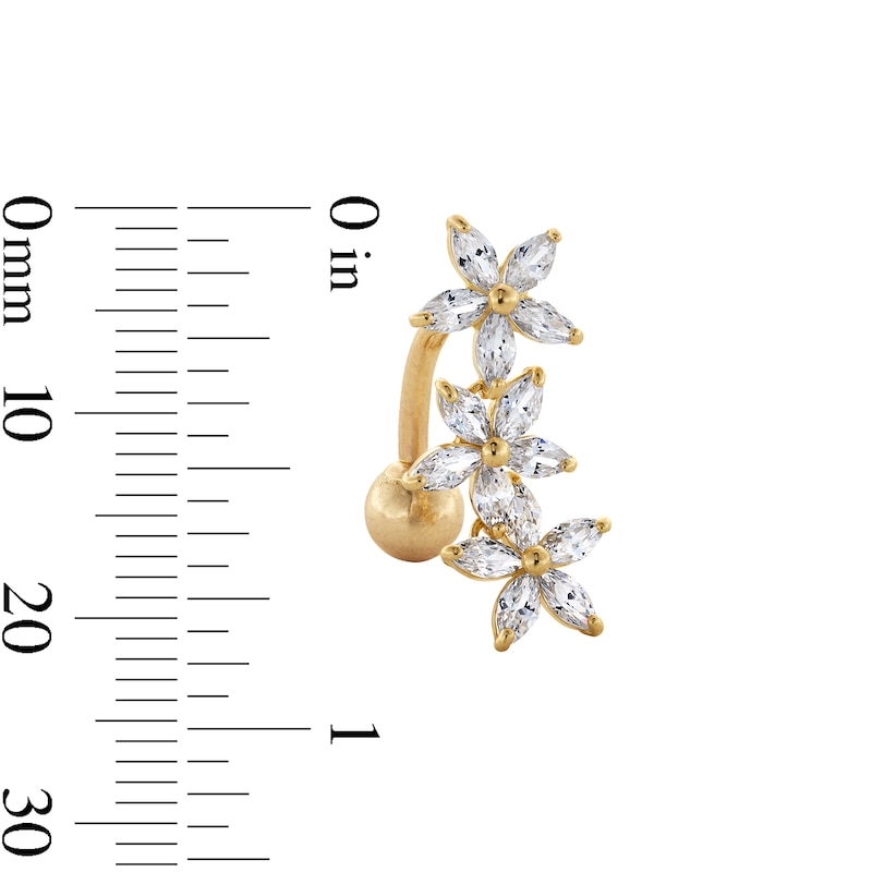 Main Image 2 of 10K Semi-Solid Gold CZ Triple Flower Belly Button Ring - 14G 3/8&quot;