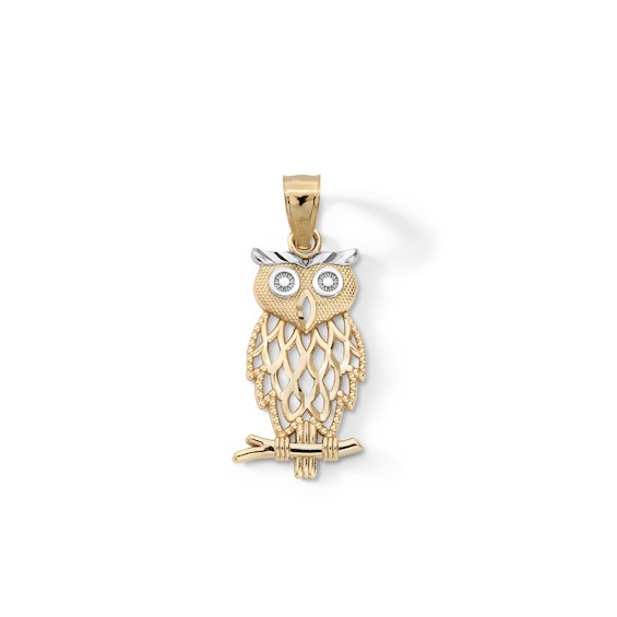 Diamond-Cut Owl Charm in 10K Solid Two-Toned Gold