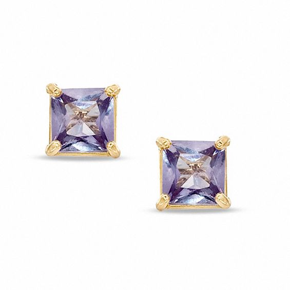 4mm Princess-Cut Lab-Created Alexandrite Stud Earrings in 10K Gold