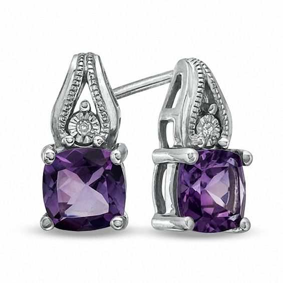 6mm Cushion-Cut Amethyst and Diamond Accent Earrings in Sterling Silver