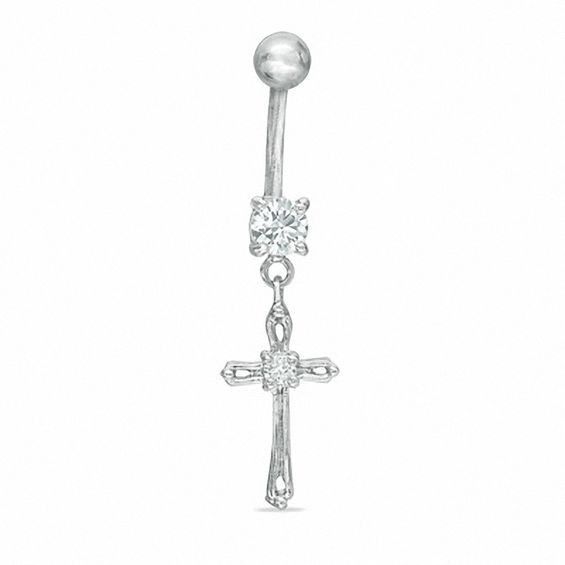 014 Gauge Cubic Zirconia Cross Dangle Belly Button Ring in Stainless Steel