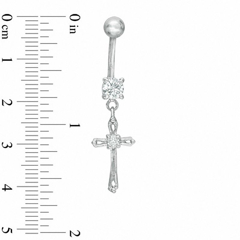 014 Gauge Cubic Zirconia Cross Dangle Belly Button Ring in Stainless Steel