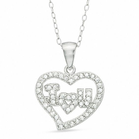 Cubic Zirconia Heart Pendant with "I Heart U" in Sterling Silver