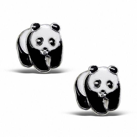 Child's Black and White Enamel Panda Stud Earrings in Sterling Silver