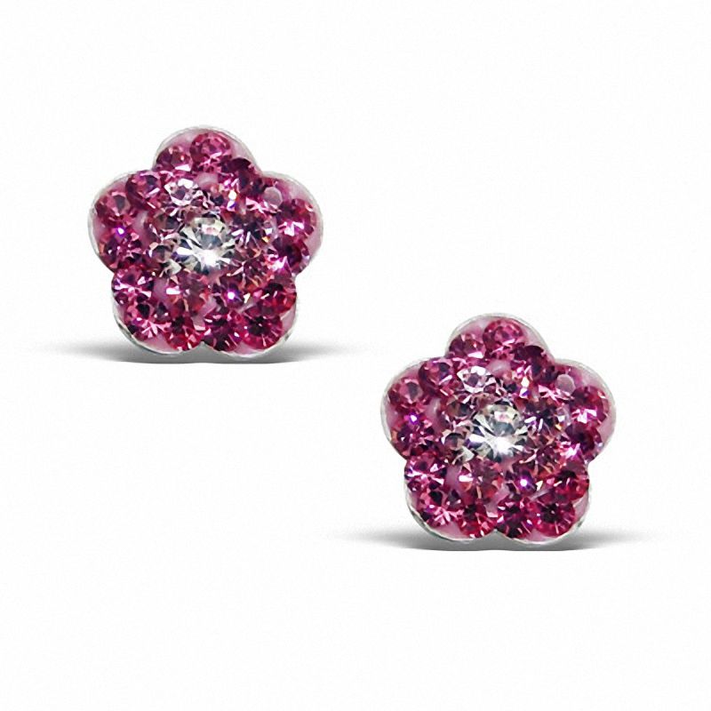 Main Image 1 of Child's Pink Crystal Flower Stud Earrings in Sterling Silver