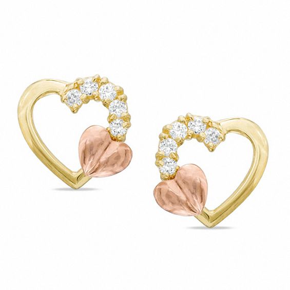 Cubic Zirconia Heart Stud Earrings in 10K Two-Tone Gold