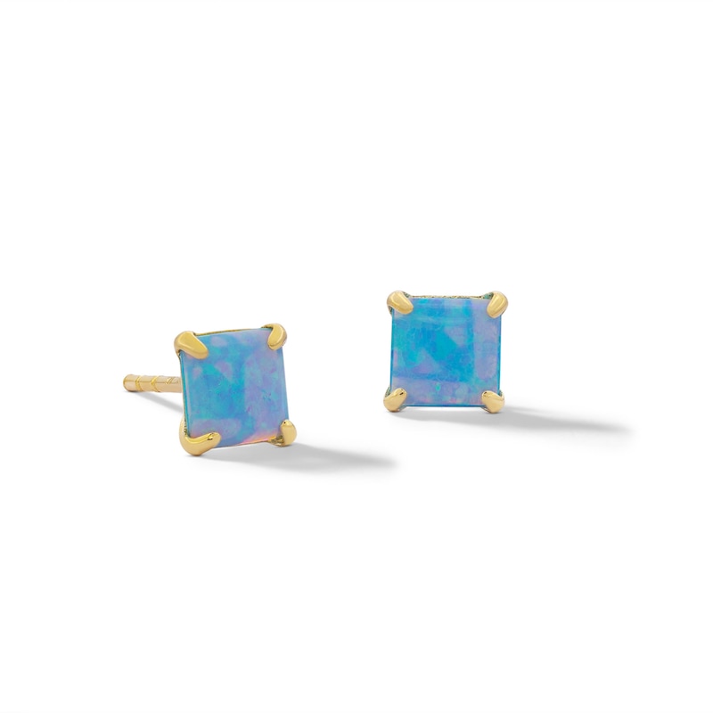 5.0mm Princess-Cut Blue Synthetic Opal Stud Earrings in 10K Gold
