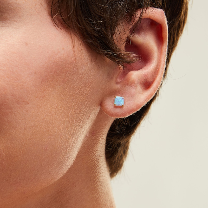 5.0mm Princess-Cut Blue Synthetic Opal Stud Earrings in 10K Gold