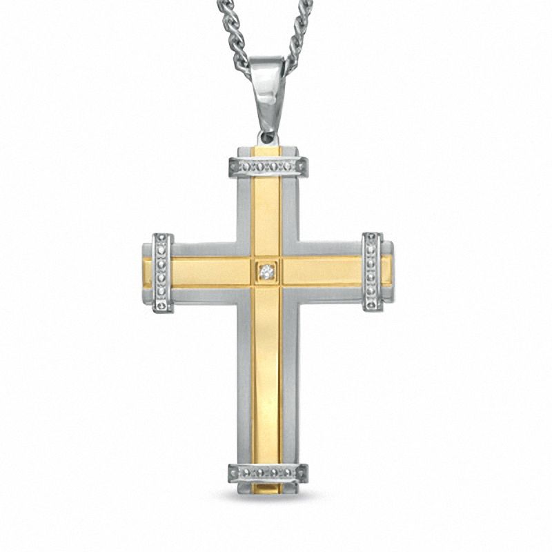 Diamond Accent Cross Pendant in Two-Tone Stainless Steel - 24"