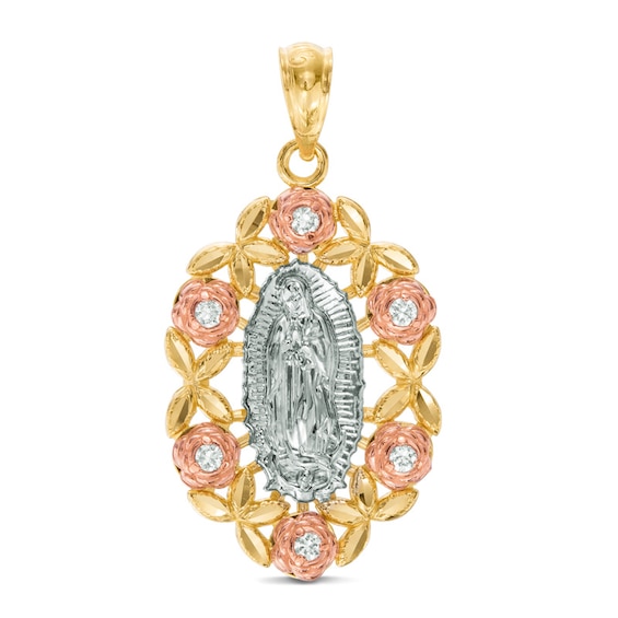 Cubic Zirconia Roses Diamond-Cut Our Lady of Guadalupe Floral Frame Tri-Tone Necklace Charm in 10K Gold