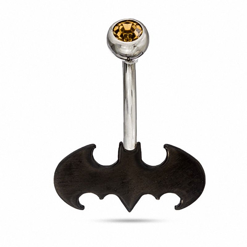 014 Gauge Black IP Batman Logo Belly Button Ring with Champagne Crystal in Stainless Steel