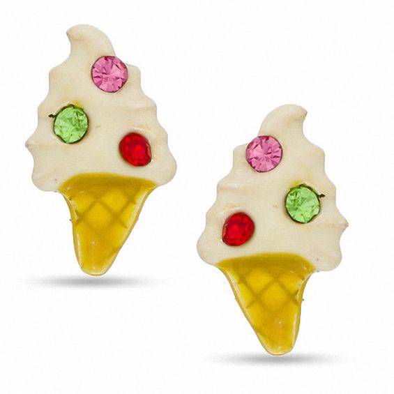 Child's Green and Pink Crystal Ice Cream Cone Stud Earrings in Sterling Silver