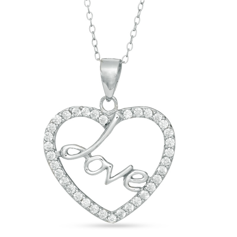 Cubic Zirconia Heart with "Love" Pendant in Sterling Silver