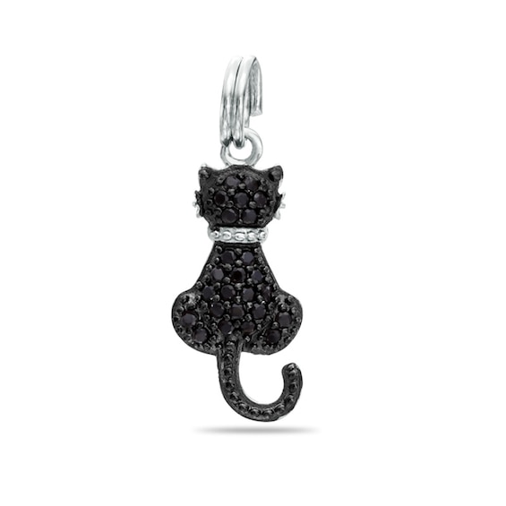 Black Cubic Zirconia and Beaded Cat Dangle Charm in Sterling Silver