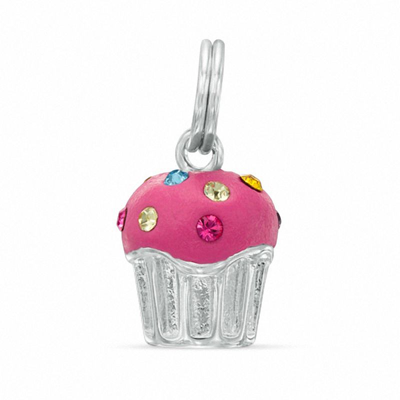 Main Image 1 of Multi-Color Crystal and Pink Enamel Cupcake Dangle Charm in Sterling Silver