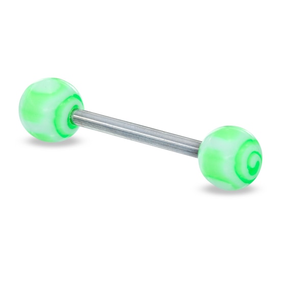 014 Gauge UV Green and White Stripe Barbell in Stainless Steel