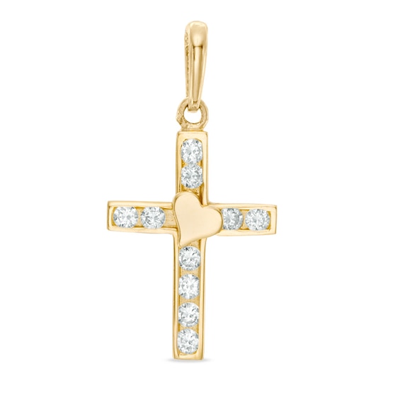 Fancy Cubic Zirconia Cross with Heart Necklace Charm in 10K Gold