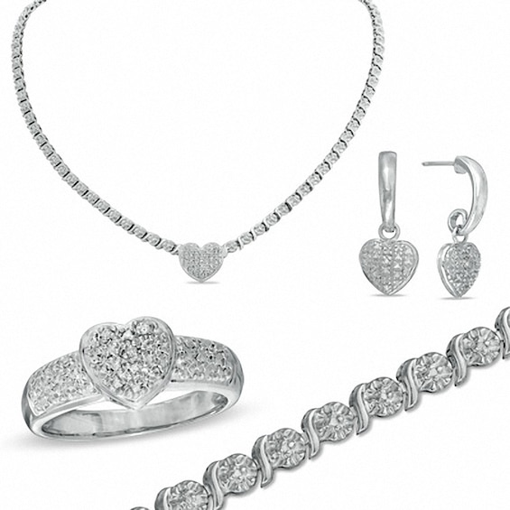 Diamond Accent Heart Necklace, Bracelet, Ring and Earrings Set in Bronze with Sterling Silver Plate