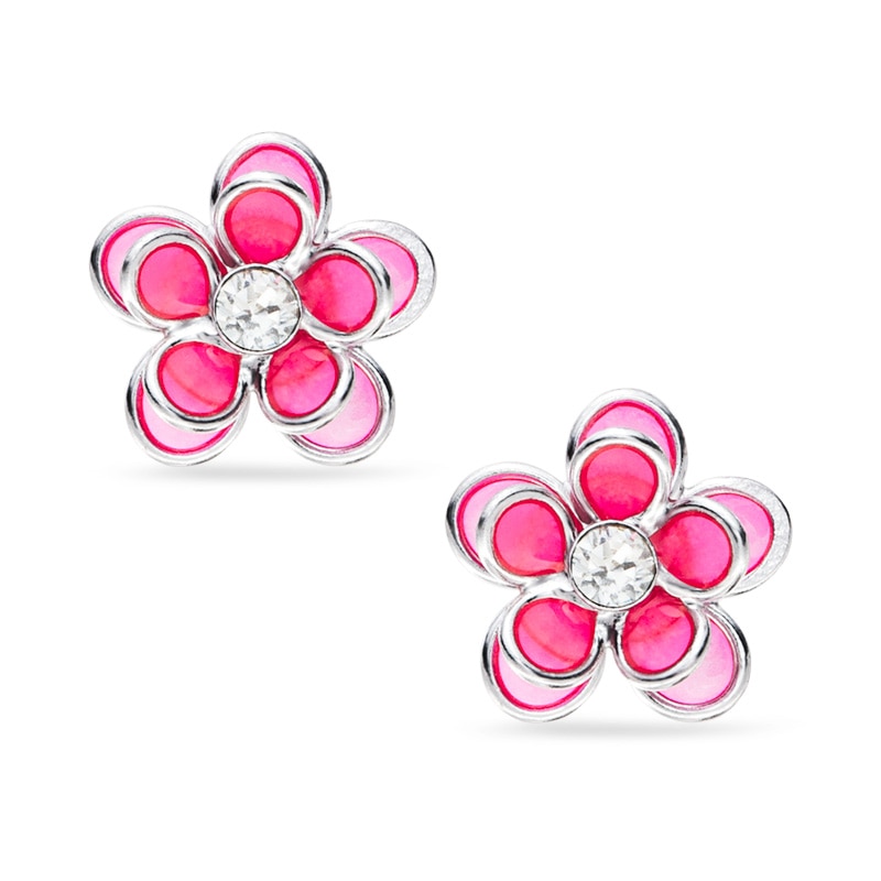 Child's Pink Enamel Flower with Crystal Stud Earrings in Sterling ...