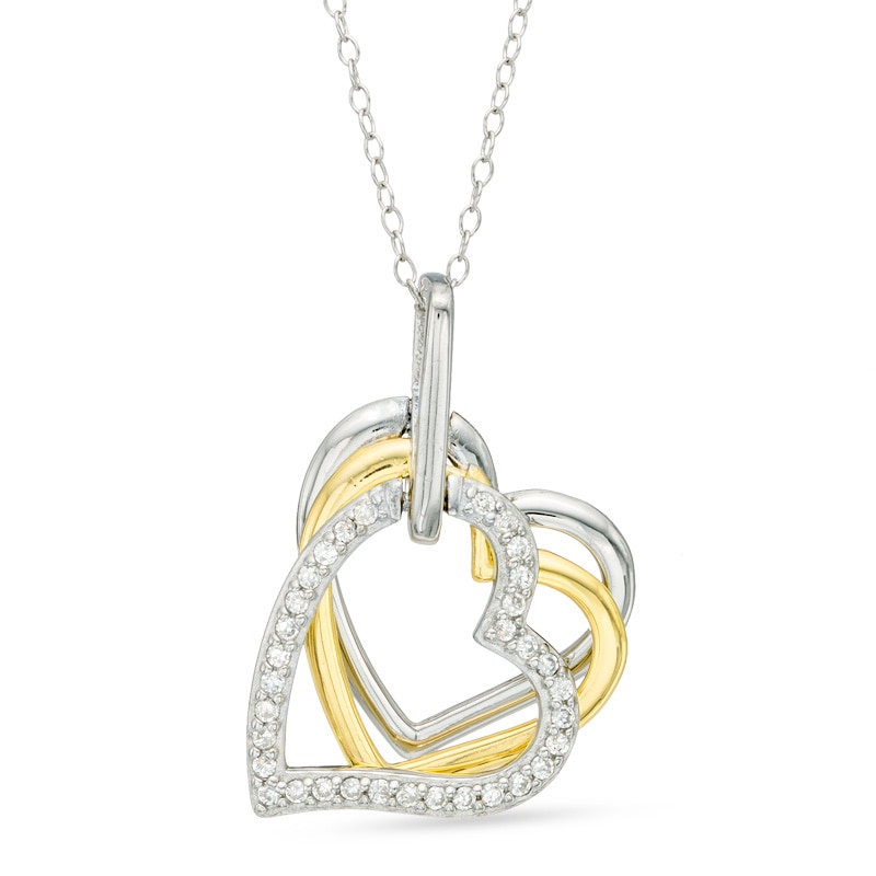 Cubic Zirconia Layered Hearts Pendant in Sterling Silver and 18K Gold Plate