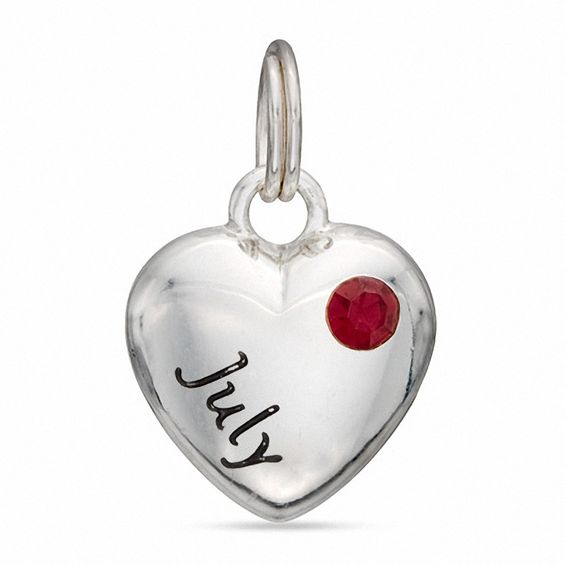 "July" Heart Charm with Red Crystal in Sterling Silver