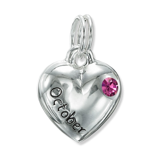 Pink Crystal "October" Heart Bracelet Charm in Sterling Silver