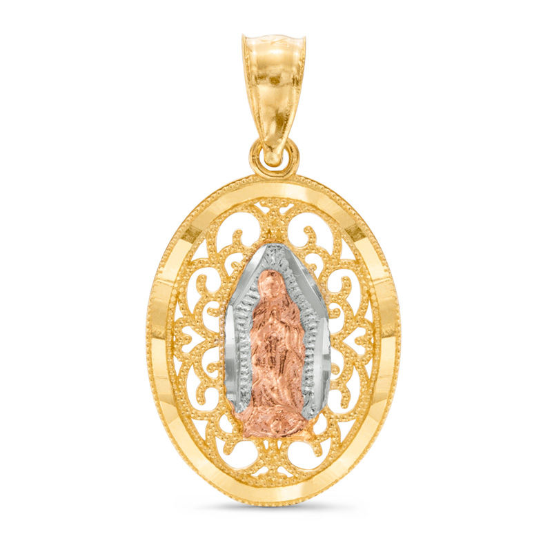 Our Lady of Guadalupe Filigree Necklace Charm in 14K Tri-Tone Gold