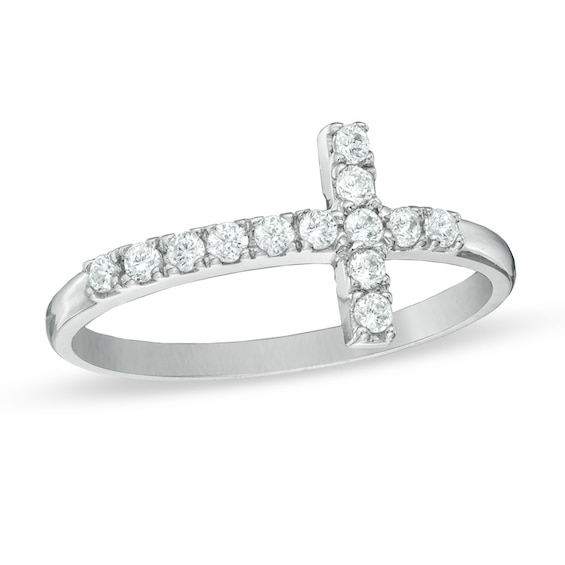 Cubic Zirconia Sideways Cross Ring in 10K White Gold - Size 6