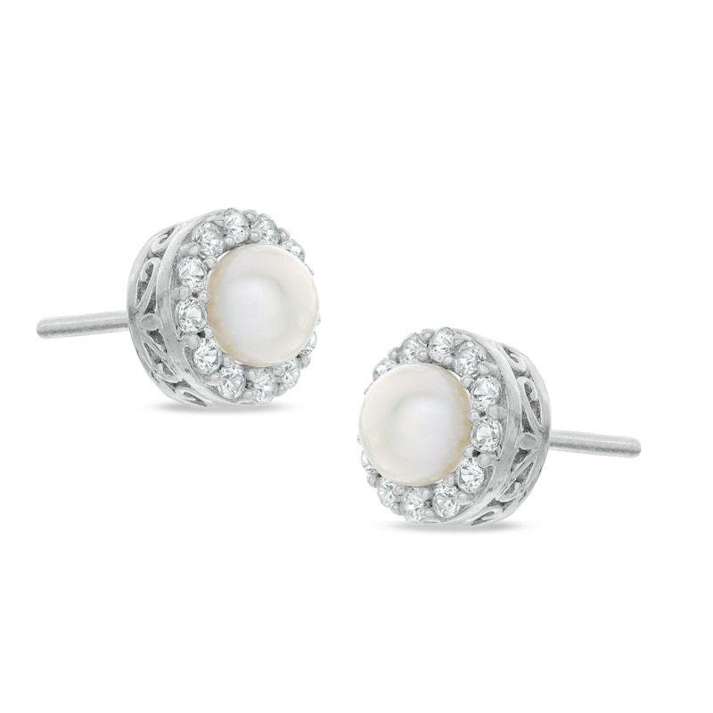 5mm Freshwater Cultured Pearl and Lab-Created White Sapphire Frame Stud ...