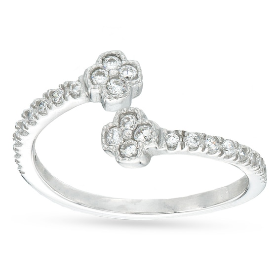 Cubic Zirconia Flower Bypass Adjustable Knuckle Ring in Sterling Silver - Size 3