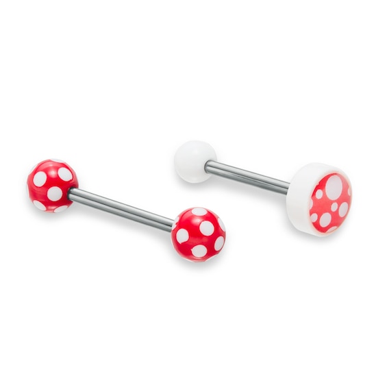 014 Gauge Red and White Polka Dot Barbell Set in Stainless Steel